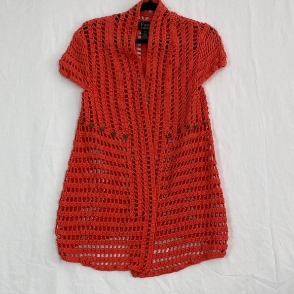 Pure Handknit Open-Front Crochet Cardigan Orange - Picture 2 of 9